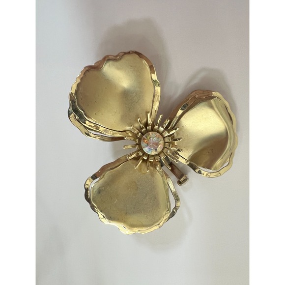 Vintage Gold Tone Sculptural Flower Brooch AB Rhinestone Mid Century Statement - Picture 2 of 12